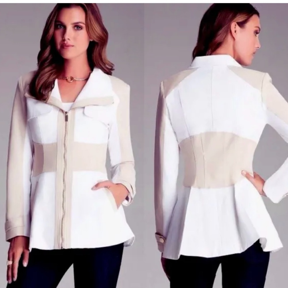NWT $149 BEBE trench tan beige cream colorblock peplum flare trench jacket S - Picture 1 of 7